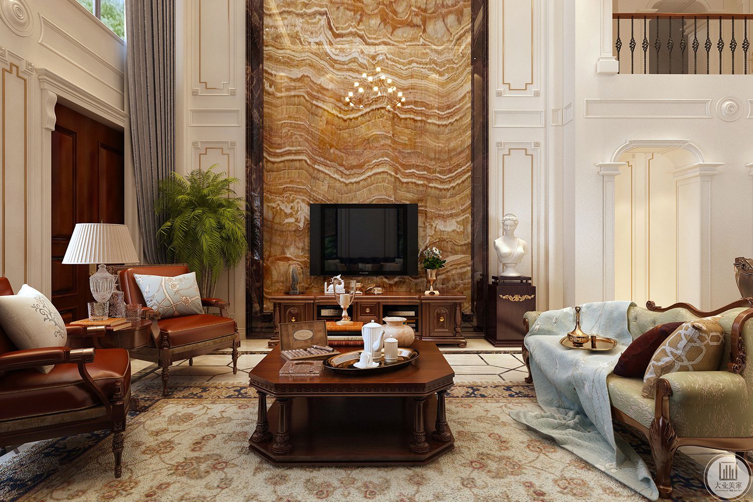 挑空影视墙选用整张大理石搭配白色的墙面，软装上选用纯美式皮质沙发和美式电视柜，大面积的花纹地毯，大大提升整个空间的质感。