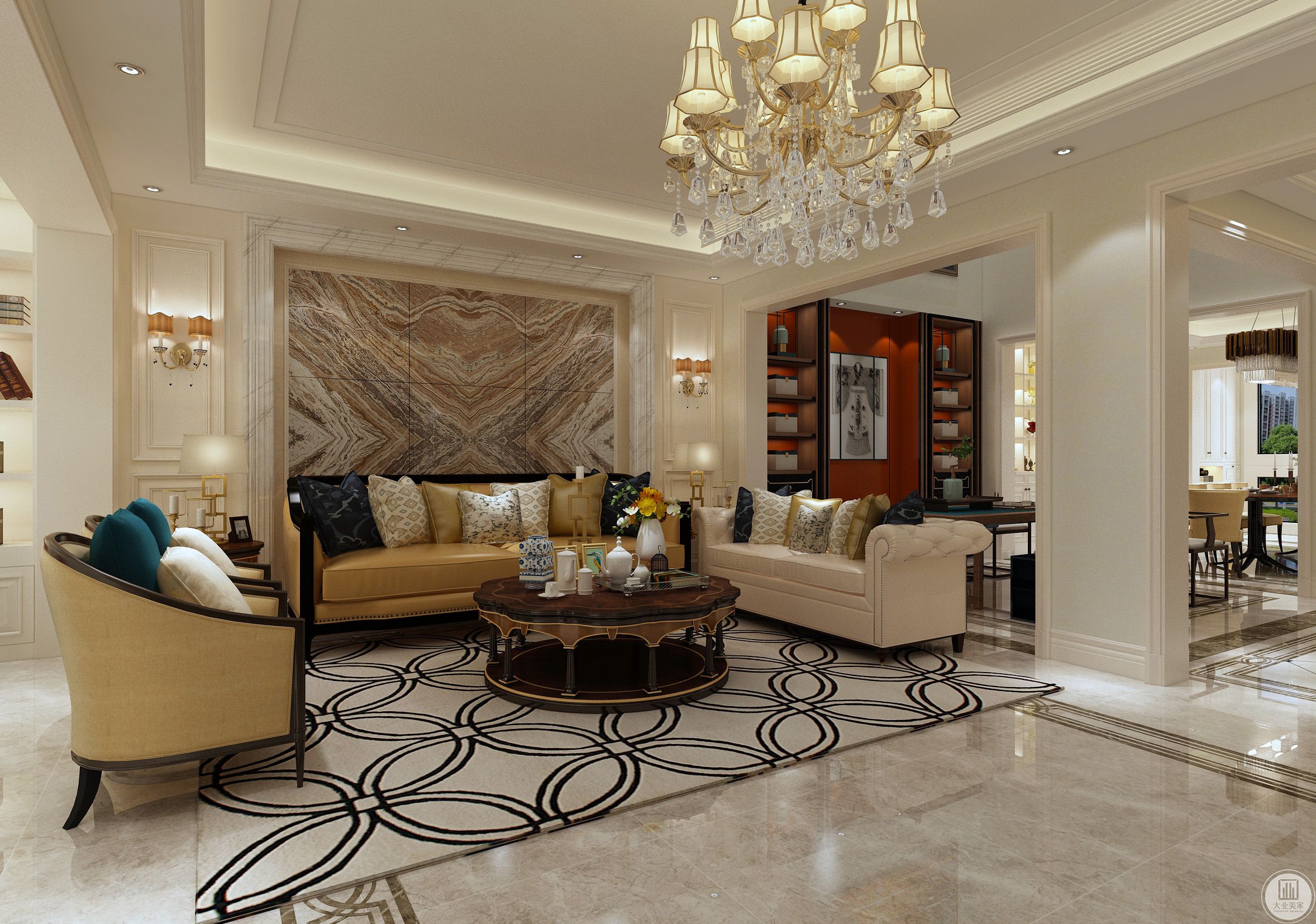 在家具配饰上，金黄色沙发和棕色茶几衬托出客厅高贵与优雅。