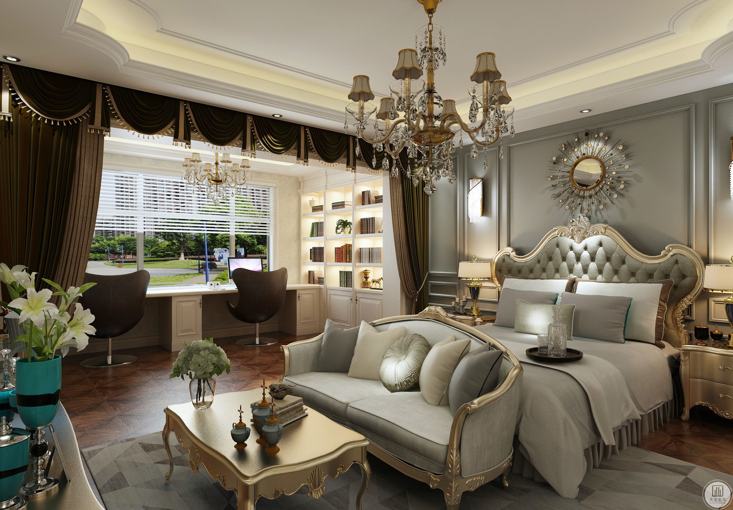 卧室采用经典欧式造型，给人的感觉端庄典雅、高贵华丽，具有浓厚的文化气息。