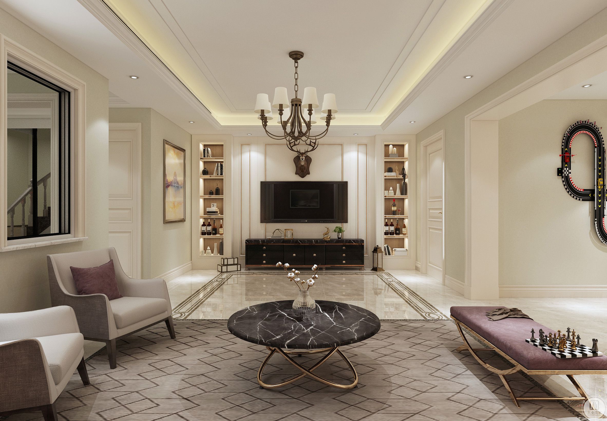 负一层会客厅，白色和高级分色为主色调，经典的欧式造型镶嵌金属线条在内，无形中流露出欧式的华丽感。