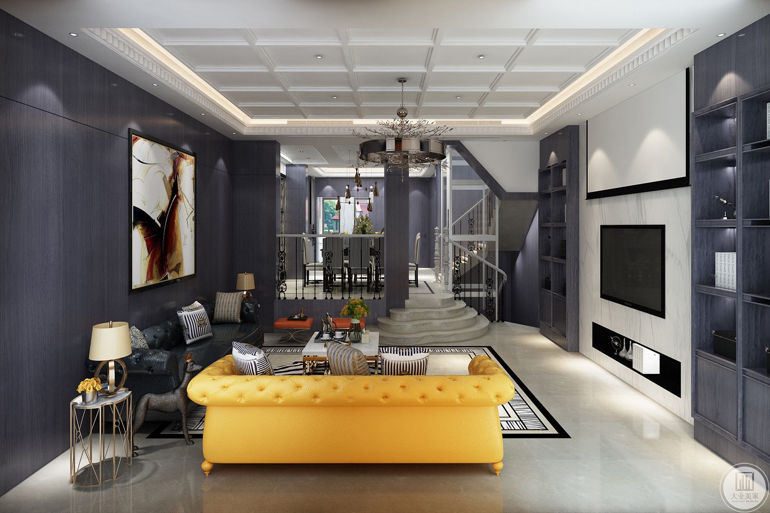 电视墙使用白色大理石与灰蓝色木作造型结合，沙发背墙延续玄关的浅蓝色，让空间更加活泼且清爽。