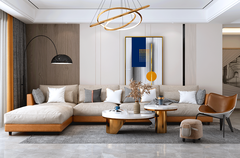 客厅沙发墙采用的是硬包和护墙板材料结合。。