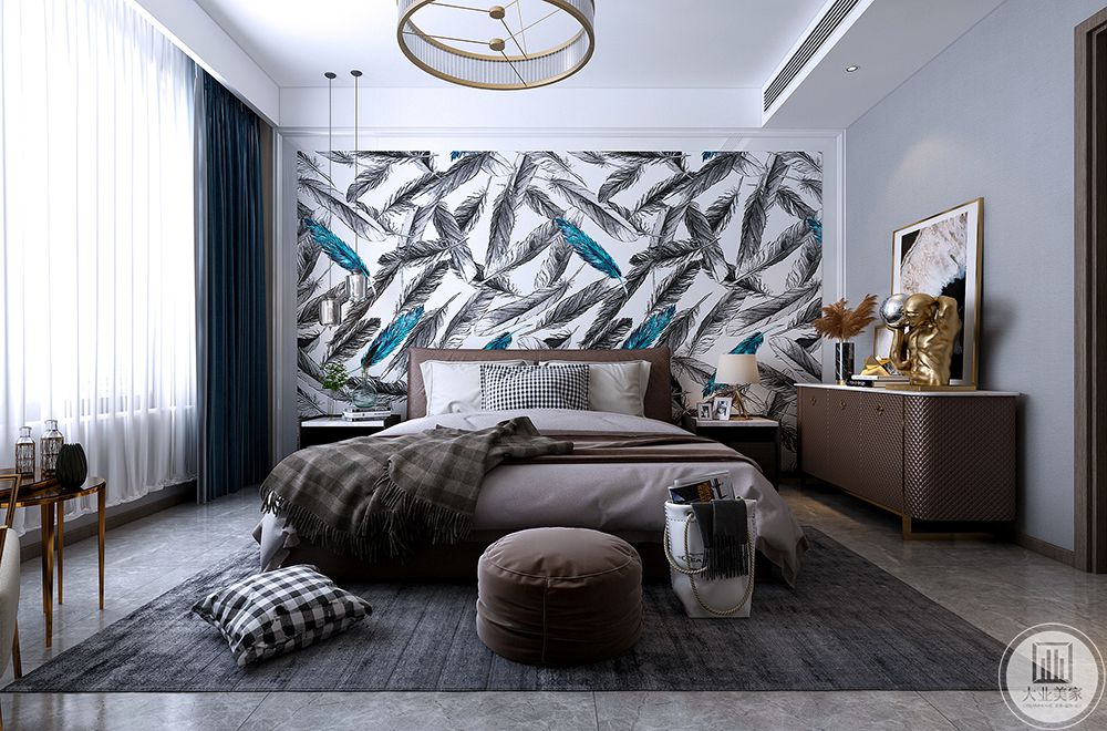 主卧 设计延续了客厅空间现代风格的设计 蓝色咖色的配色 温馨又不失典雅