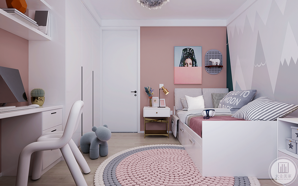儿童房（1）以粉色系渐变色相互堆叠营造出层次感，采用不同材质的配件搭配提升视觉辨识度，使空间浪漫又不失童真。