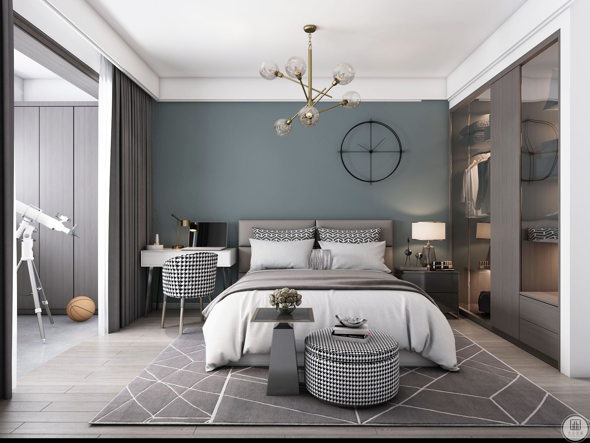 卧室背景墙用灰蓝色乳胶漆简单装饰，且将一侧床头柜用梳妆台取代，实用美观