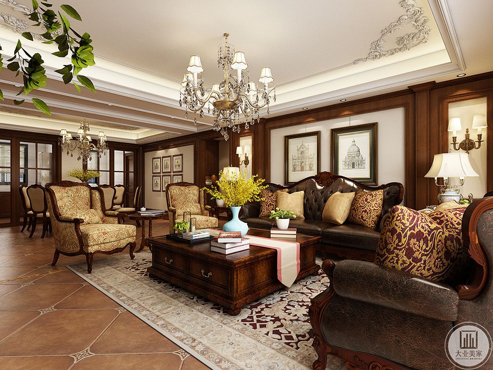 沙发背景墙与餐厅的墙面相连，选用深色木饰面将两个空间连为一个整体，在造型上采用经典的美式立柱与护墙板的搭配，为空间定下色彩基调。