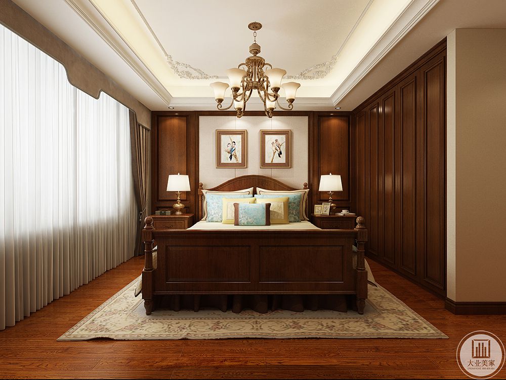 背景墙的神色墙板与客餐厅的基调保持一致，在卧室中也能感受到美式风格满满的仪式感。