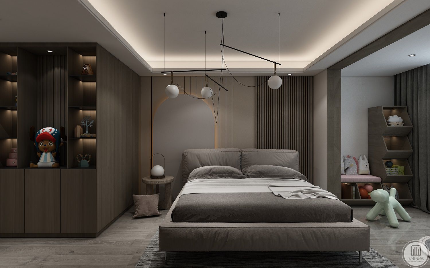卧室一角，便可纵观全局。胡桃木色的背景墙配合无主灯设计，以柔和的色彩结合深色的木质质感，加上全透明的钻石切割卫生间，使之有刚柔并存的居住空间。延续白+灰+木本色，自然、安静、克制的自然主义设计风格，不强调所谓的流行感与个性，将简约的概念落实，将卧室的真实意义还原。