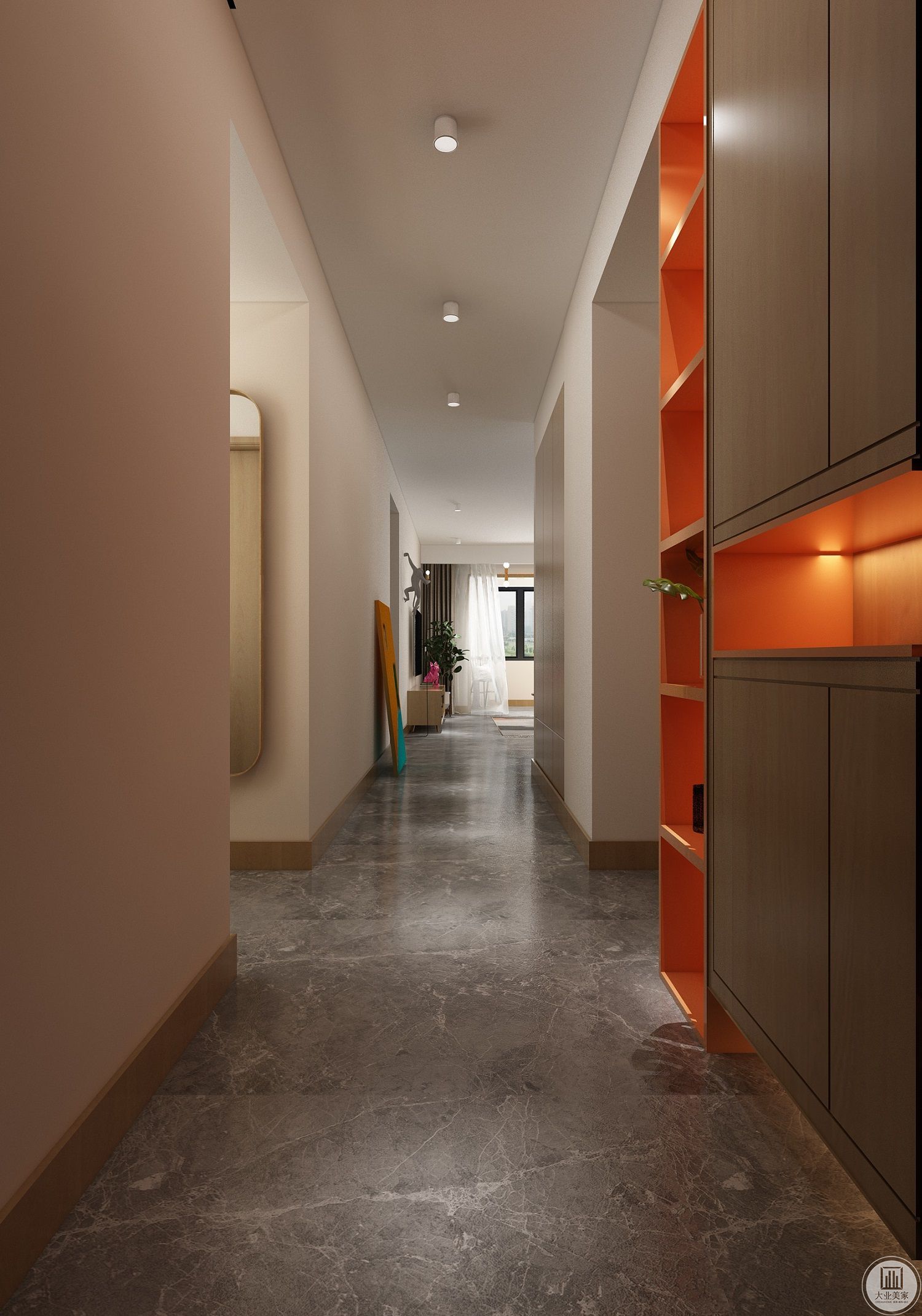 拼色的柜子让狭窄的走廊变得更加灵动。灯光的搭配让空间更有层次。