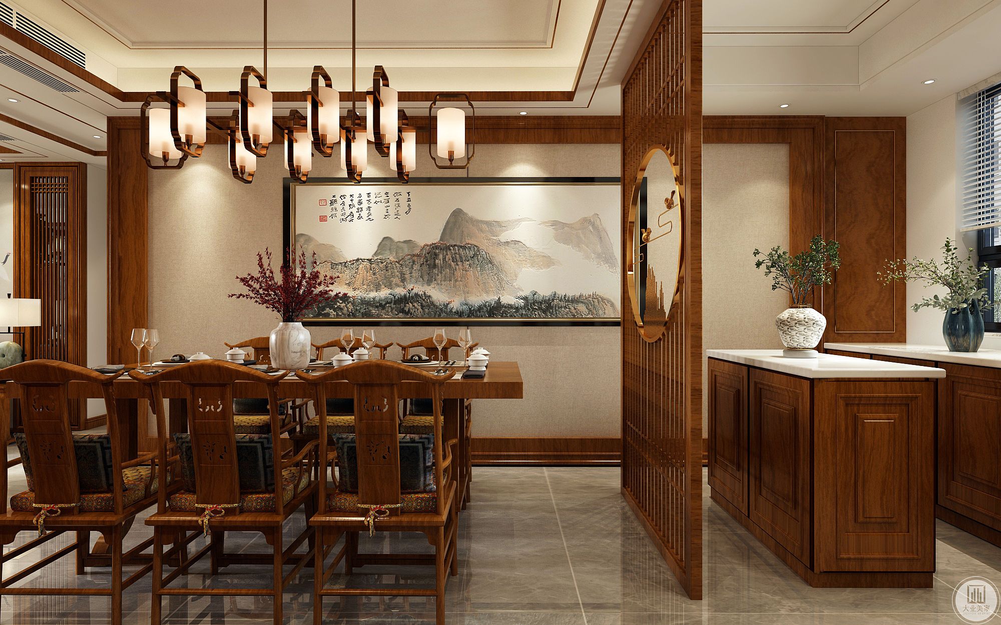 餐厅背景墙同样使用硬包装饰，但只是用了简单低调的样式，这样就能与客厅造型分清主次。