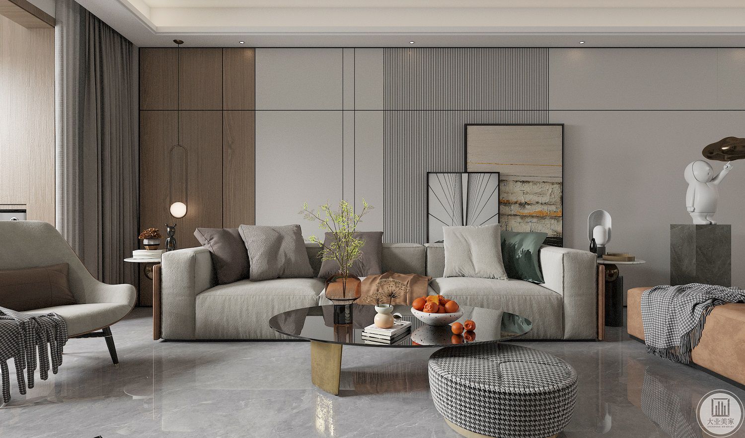 木质与灰色的护墙，让自然质朴的气息充斥空间的每一个角落。在序列般的空间布局里，沙发与脚踏呈半围合状态，带来极度舒适与亲近之感。
