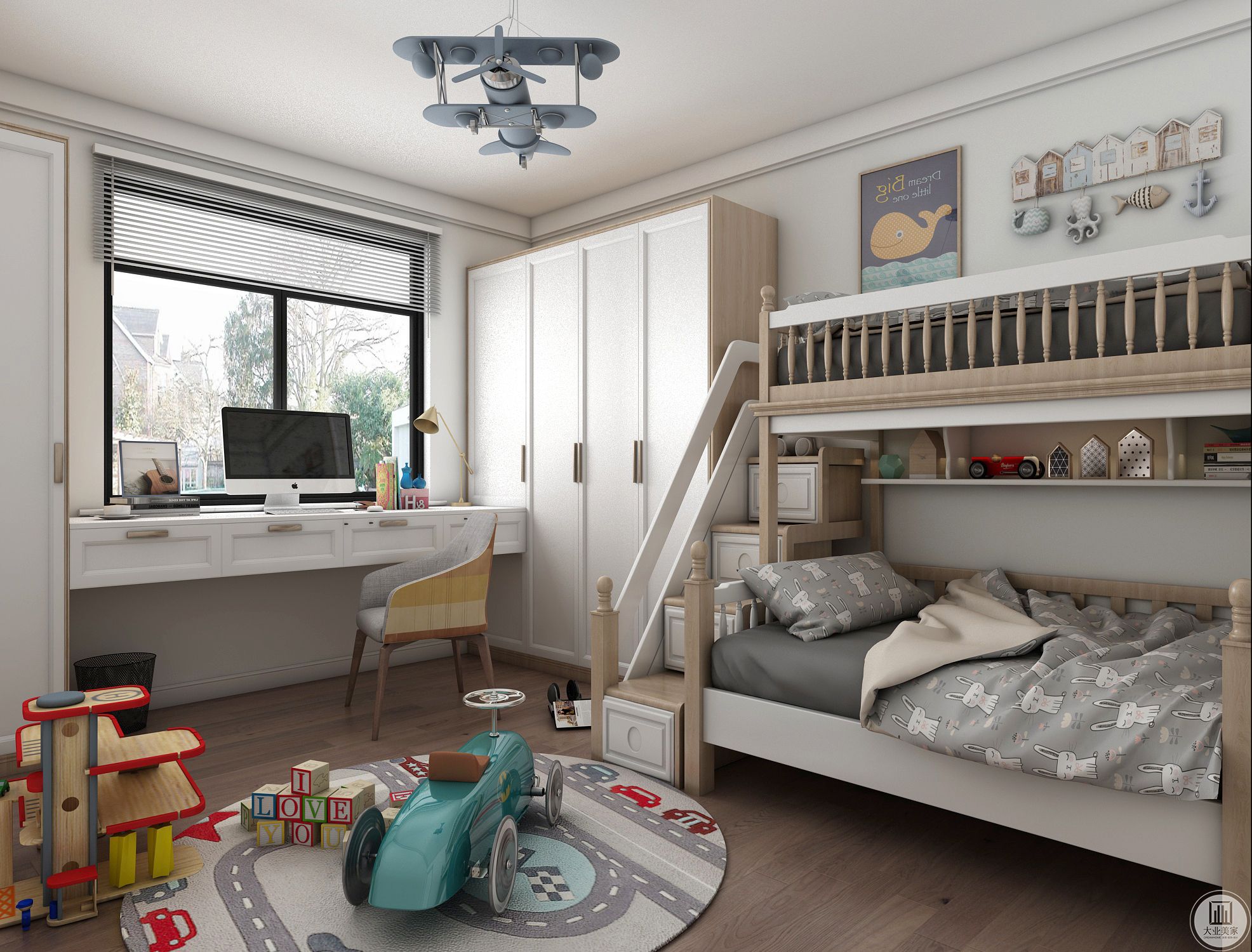 儿童房需要两个孩子同住一个房间，于是就使用了高低床，使用一个床的空间，有两张床的位置