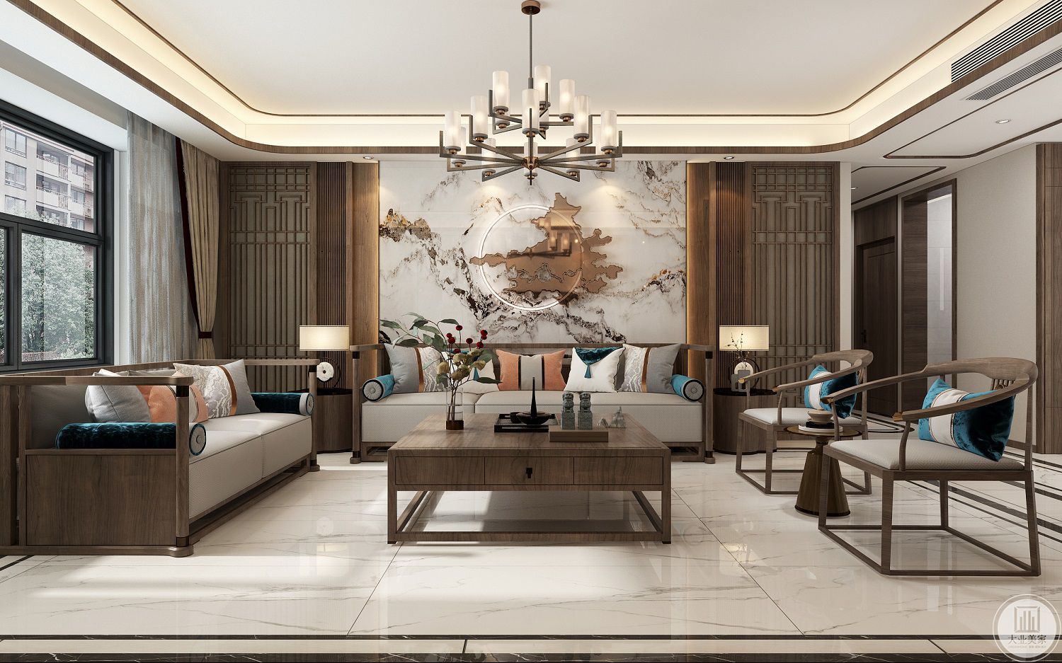 沙发背景墙用清透的大理石饰面及深灰胡桃木饰面打造了一个轻奢中式。