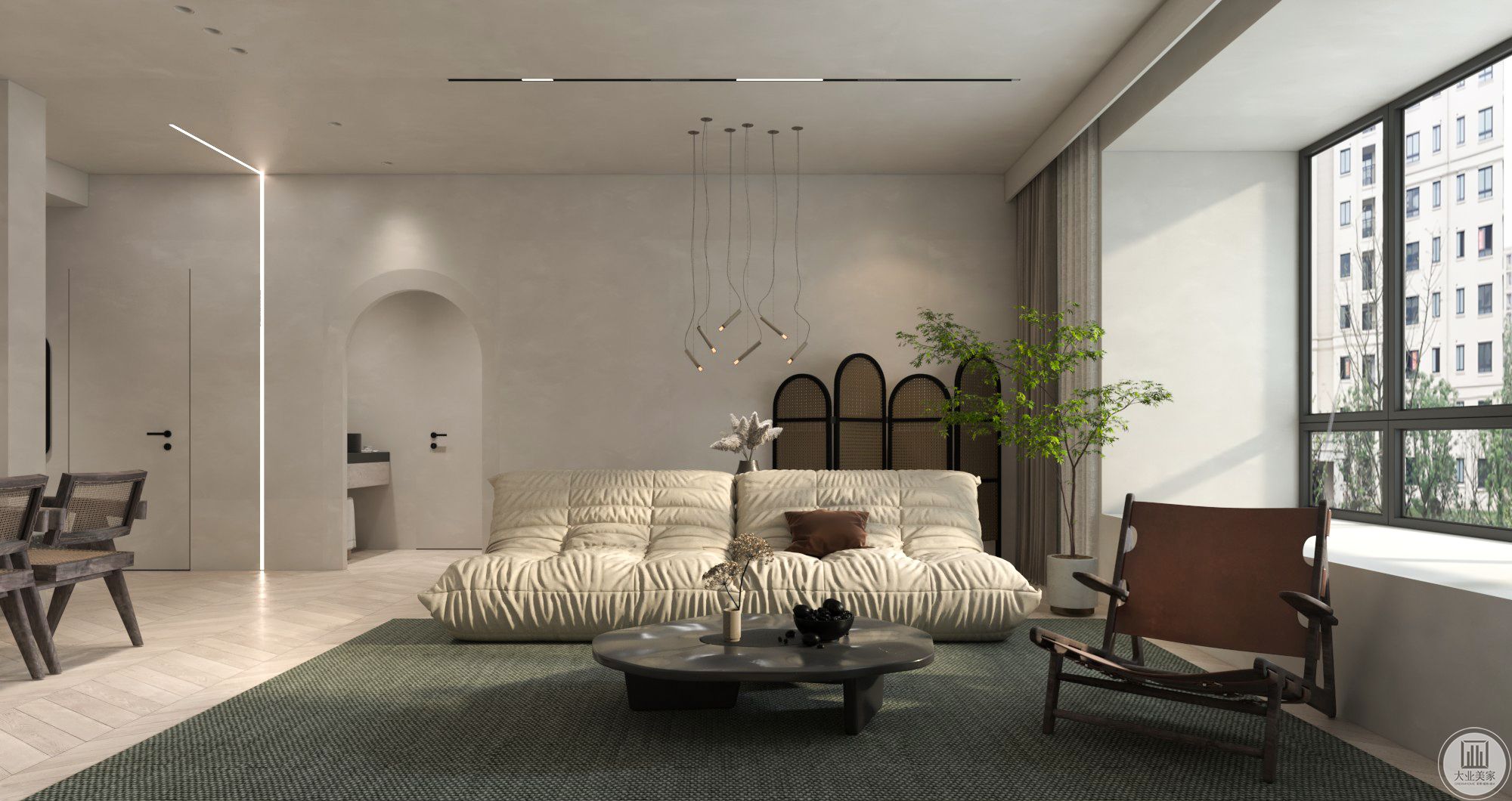 沙发选用了懒人式沙发，还用饱和度比较低的棕红色单椅和灰绿色地毯对画面进行丰富。
