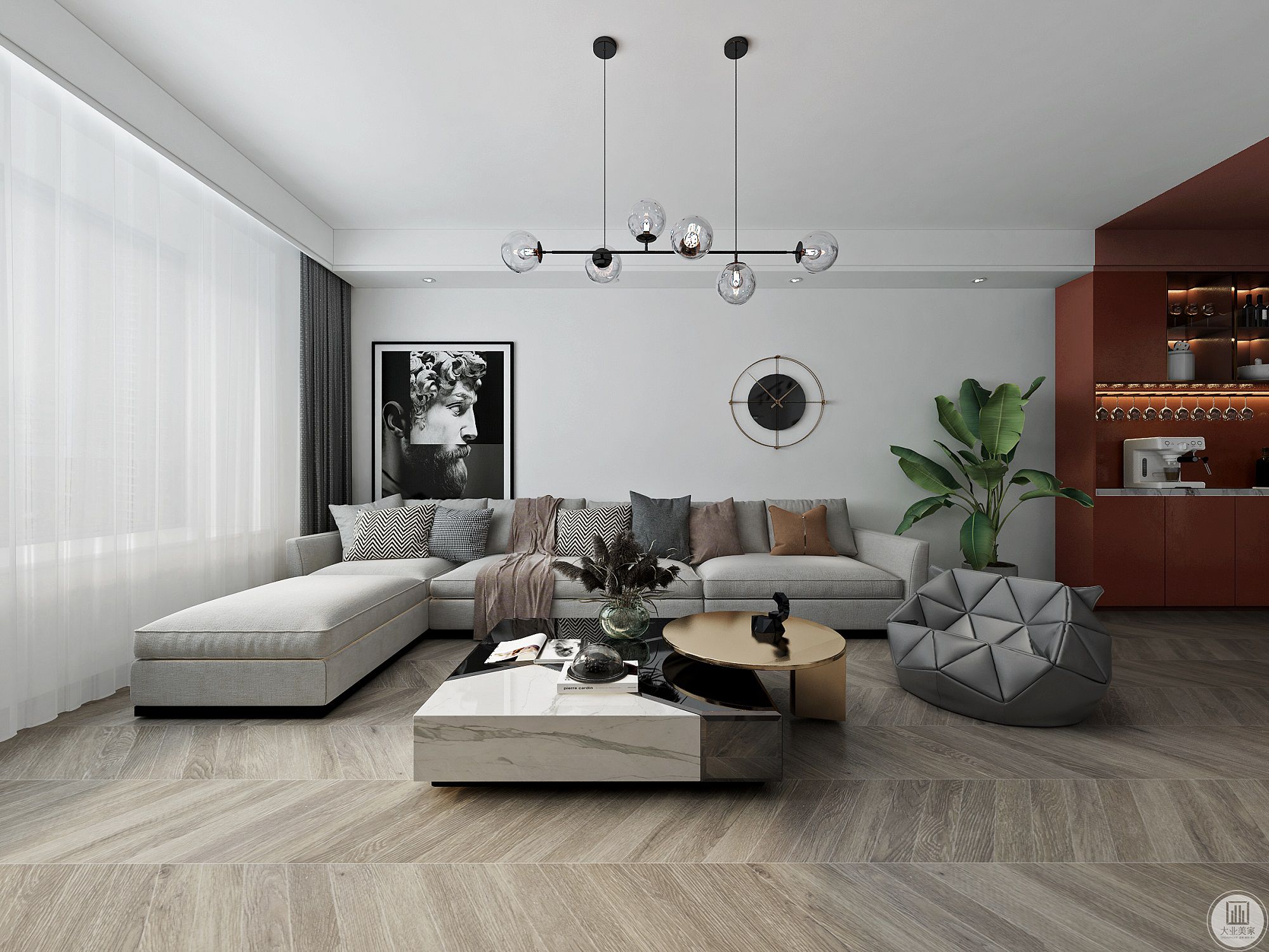 天然皮革的沙发和工业风也是相配的，但是要选择对颜色，最好选用棕色、灰色、黑色等经典色，能提升空间的质感和格调