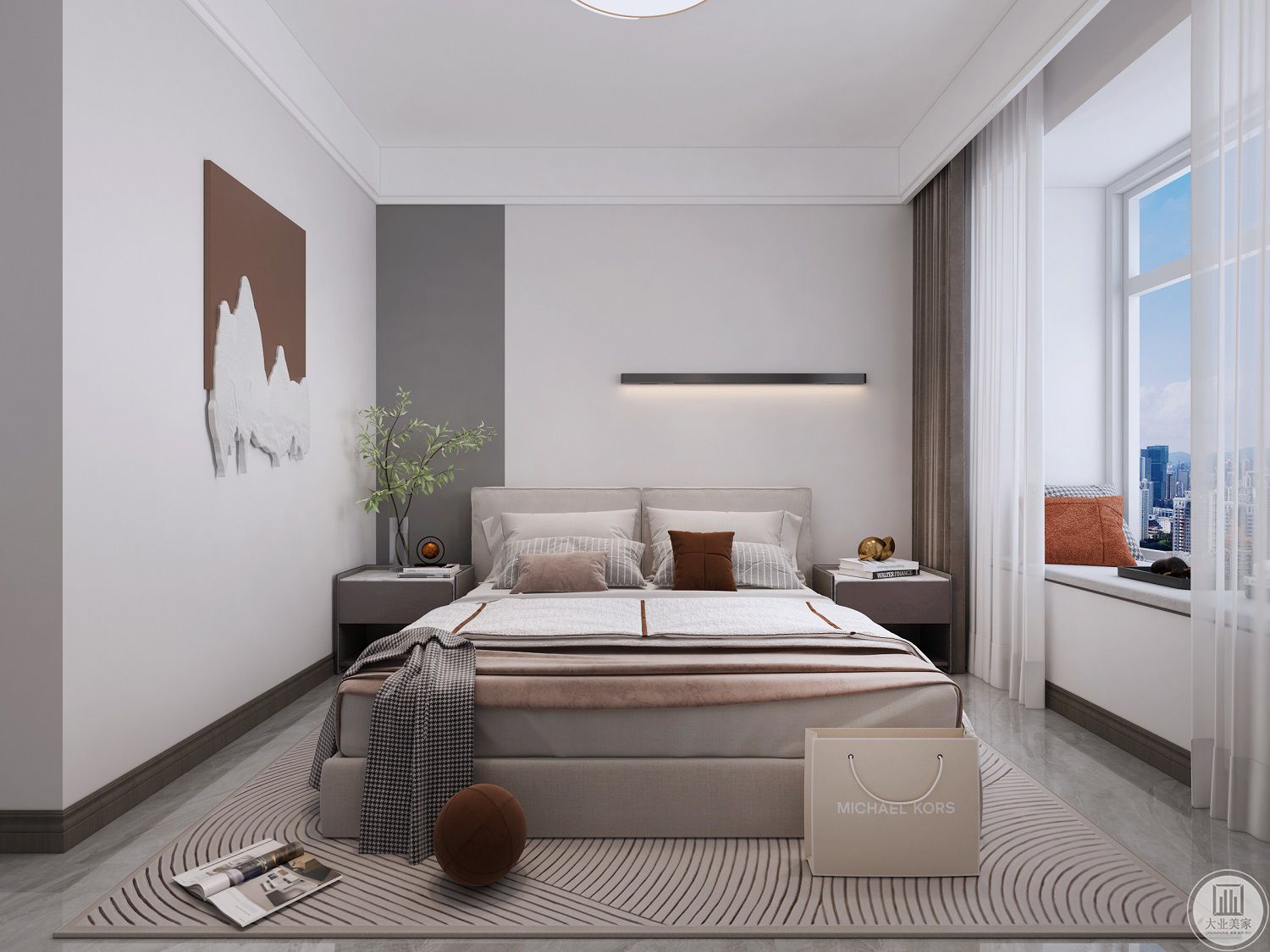卧室床头灰色与暖色的碰撞，整个空间在视觉上更加明亮开阔起来