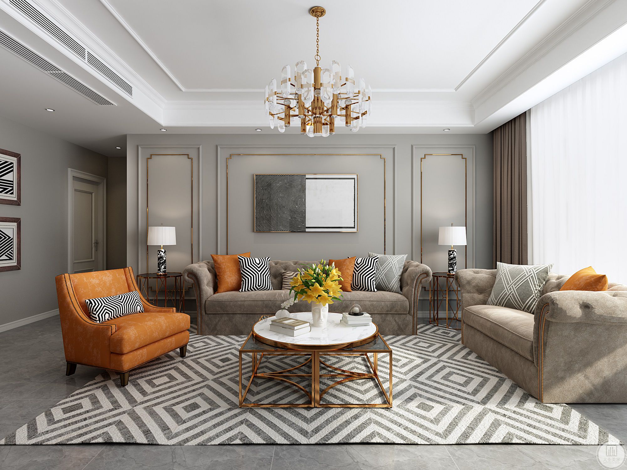 美式的格调于客厅而言，是灰色的主色调搭配军绿沙发，点缀些许爱马仕橙，从视觉上给人优雅精致的第一印象
