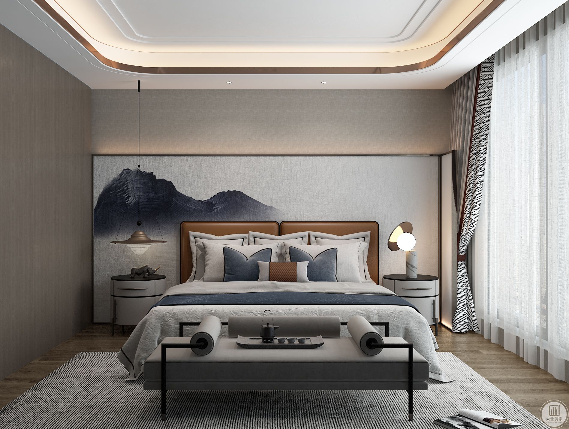 卧室的背景墙均以米色和墨黑色为主，勾勒意境。搭配木质床头柜与香槟色金属边使卧室更加温馨有质感