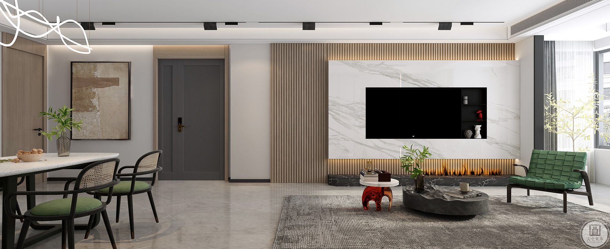 入户至客厅电视背景非常连贯整体，原木墙板和隐形门顺延开来，延至电视背景才有了局部色彩、材质的变化和丰富。