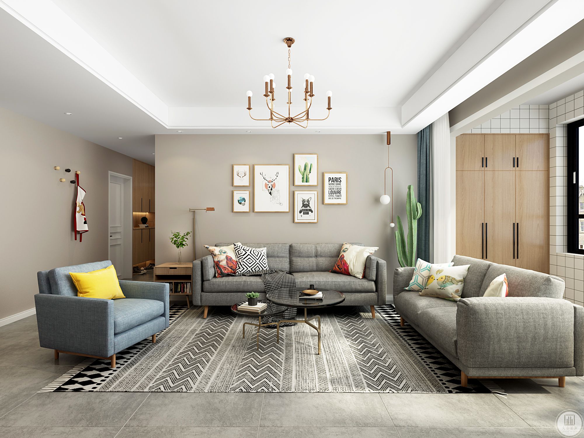 客厅空间以原木色搭配纯净白，天然材质与留白在融会贯通之间体现出轻松自然的舒适氛围