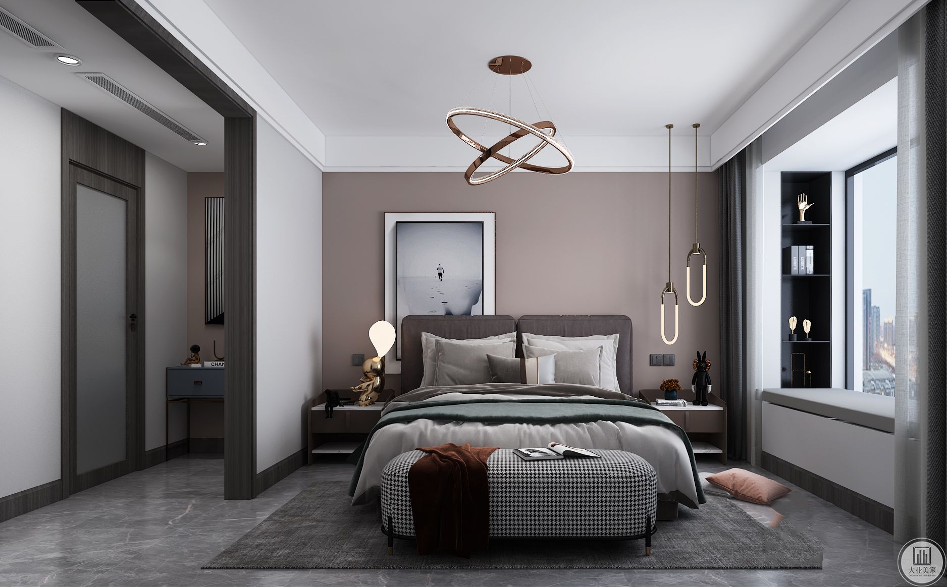 卧室床头采用简约的设计，让空间有层次的同时，也具有设计感。