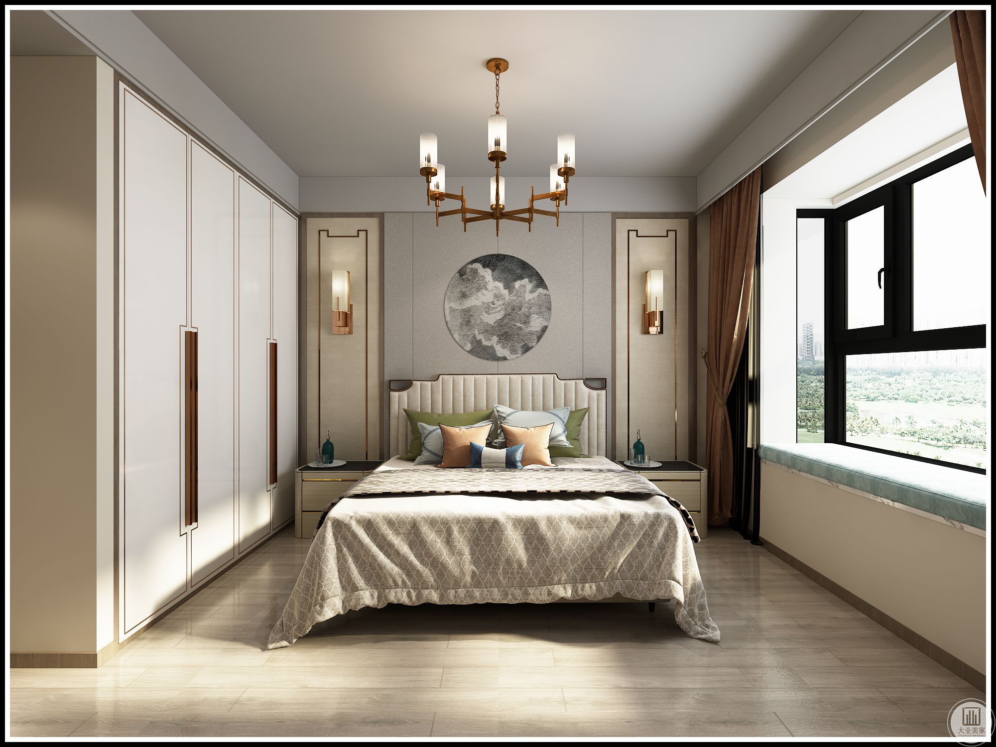 主卧室床头沿用了中式传统对称的设计，中间采用硬包材质提高造型立体感。