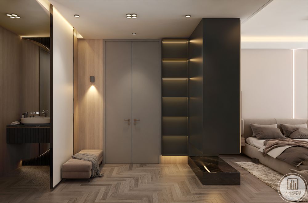 低柜和墙面的比例拉伸空间，上中下灯光层次布光均匀，使相对狭长的空间更加有变化。