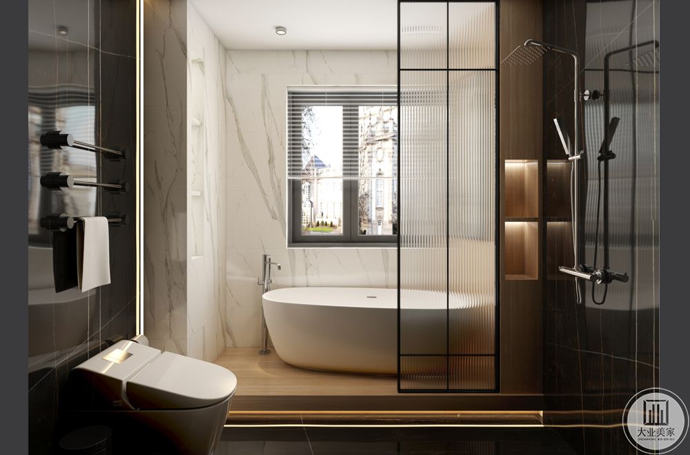对比强烈黑白设计，地台抬高浴缸区域，提高空间屋里层次。