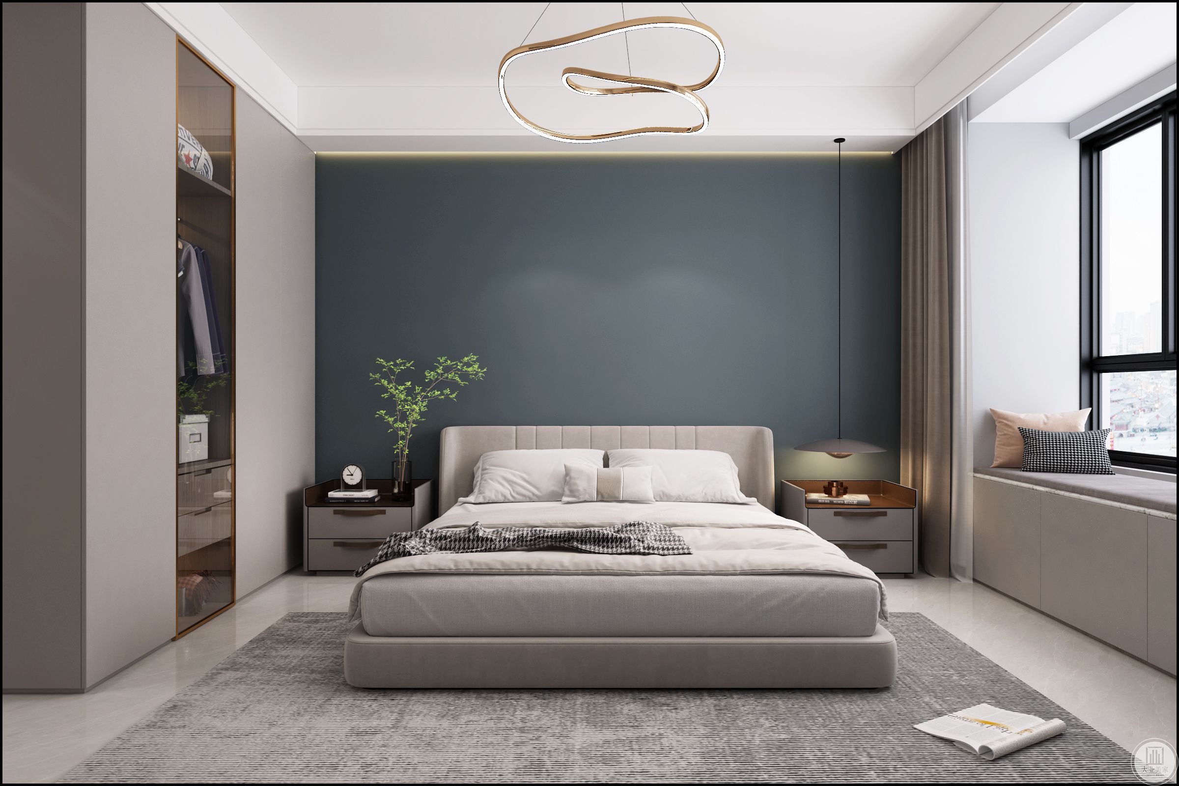 主卧室的色调也是选用莫兰迪色调配以衣柜淡雅的灰色，有温度，有光泽。缩减空间的物品装饰，设计回归纯粹，通过材料的本质，赋予空间深度和温度