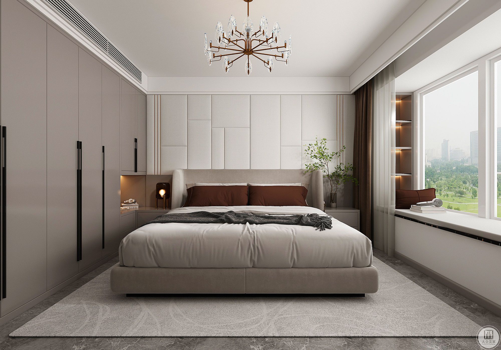 主卧室做定制床头柜，节省空间，也显得更为同一，素色的床头硬包，看起来更舒适淡雅
