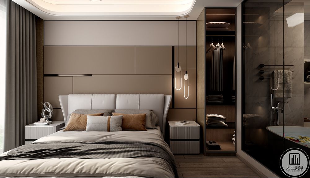 主卧，整体灰色调搭配非常舒适，卫生间玻璃窗极大的增加了空间采光。