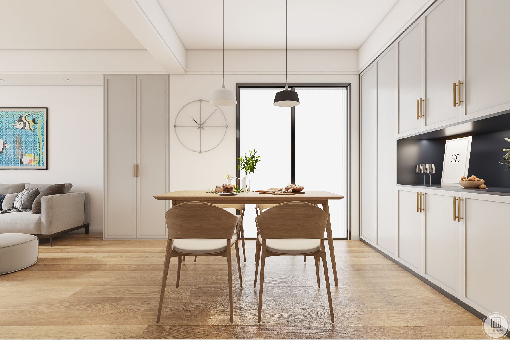 餐桌这边充分利用了房体的高度，营造了视觉上高敞宽阔的效果。只简单做了一个吊灯的直线造型，凸显简洁流畅的设计风格。