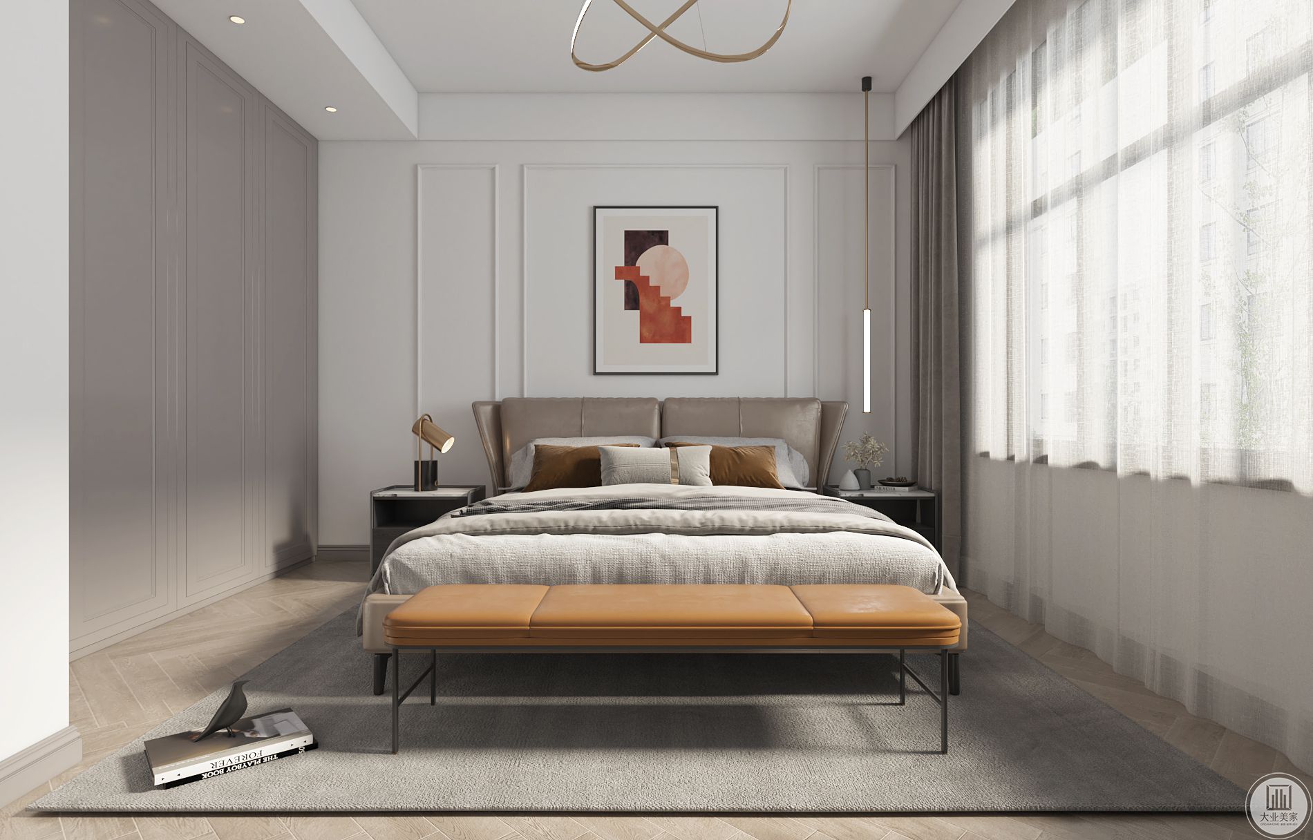 主卧室以简约为主，深色的柜板搭配浅色的床饰，显得空间更有层次感