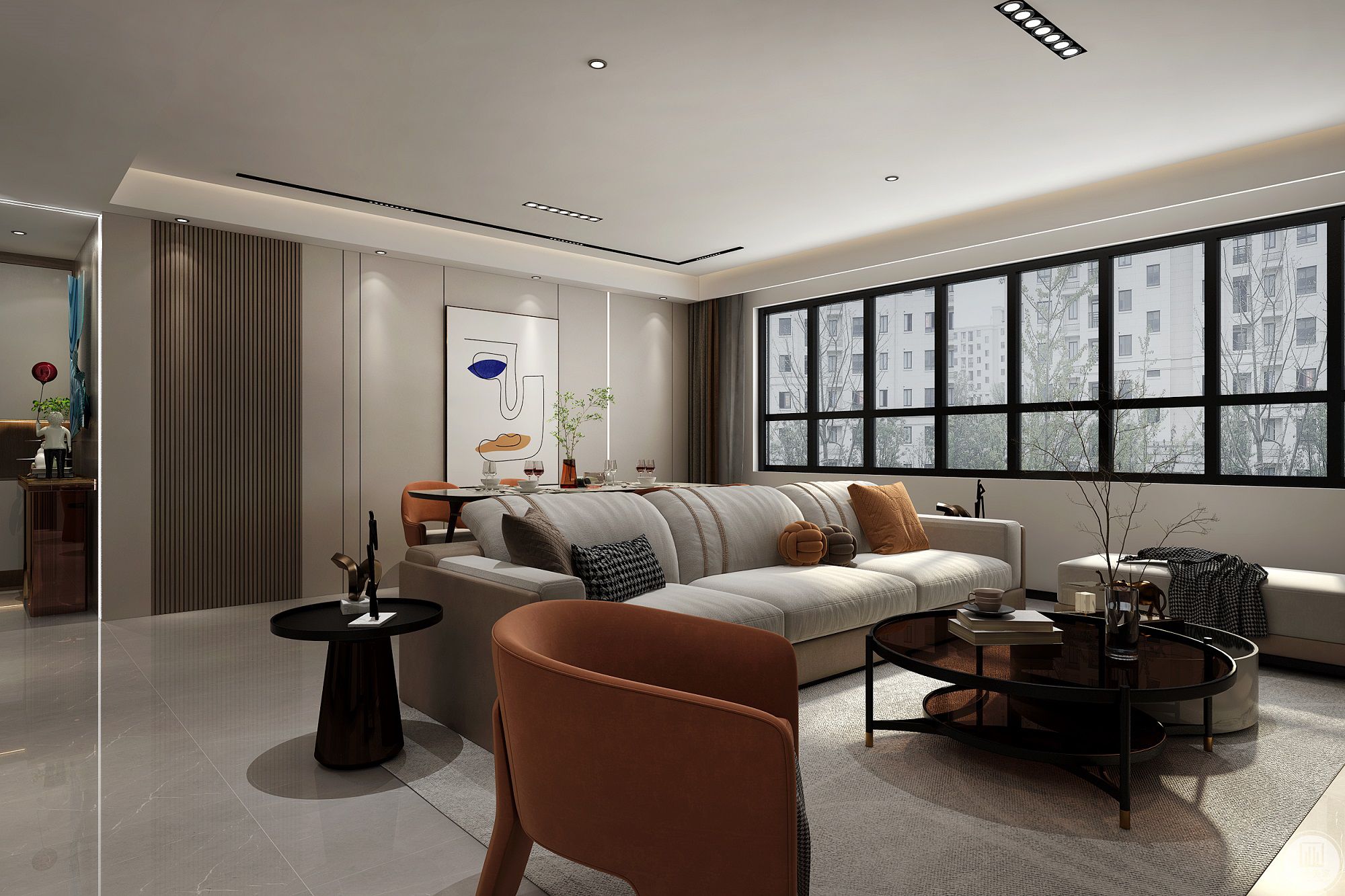 客厅整体以主灯设计，平行部光，合理分配光源，光线透过纱帘照射进屋内，带来温暖舒适的环境。