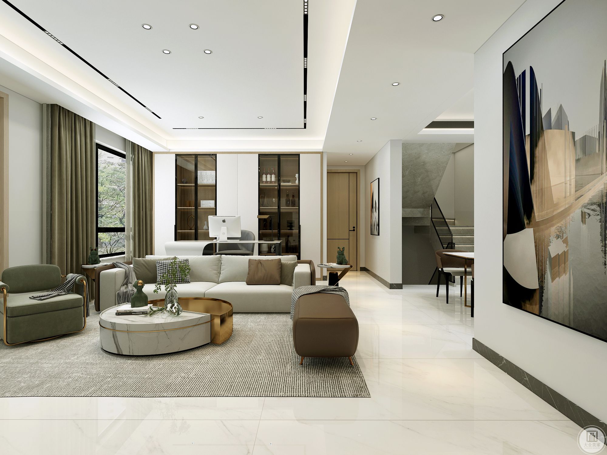 客厅：地面采用白色大板砖，可增加空间延伸感及采光度