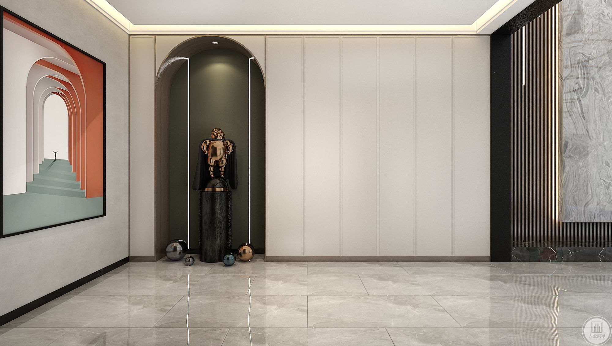 走廊通过线性灯光增加空间的延伸感，大面积储藏柜使空间在视觉上产生虚实变化。