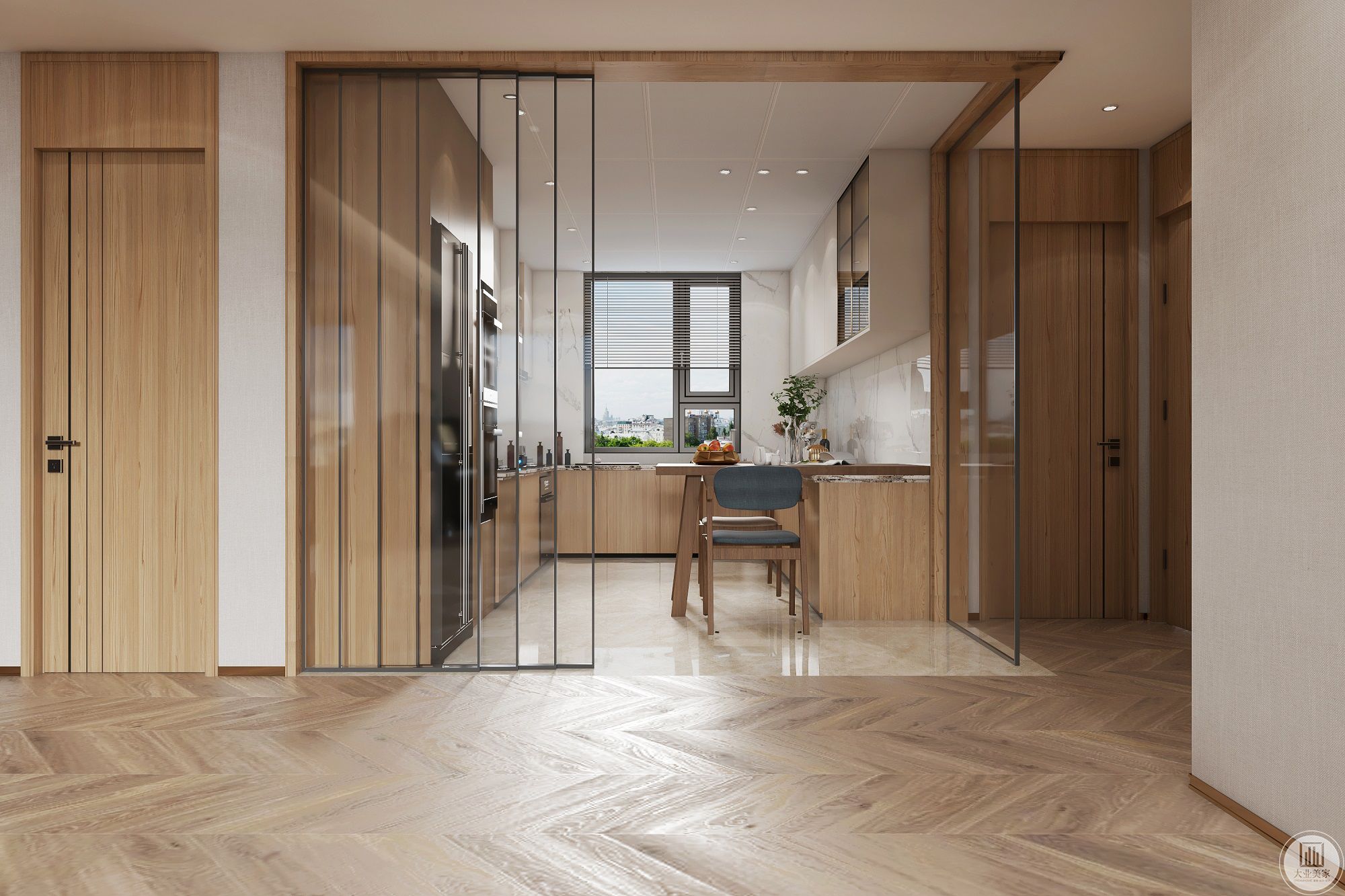 扩大厨房空间，做开放式加联动玻璃门，极大的增加了厨房的储物空间和操作空间