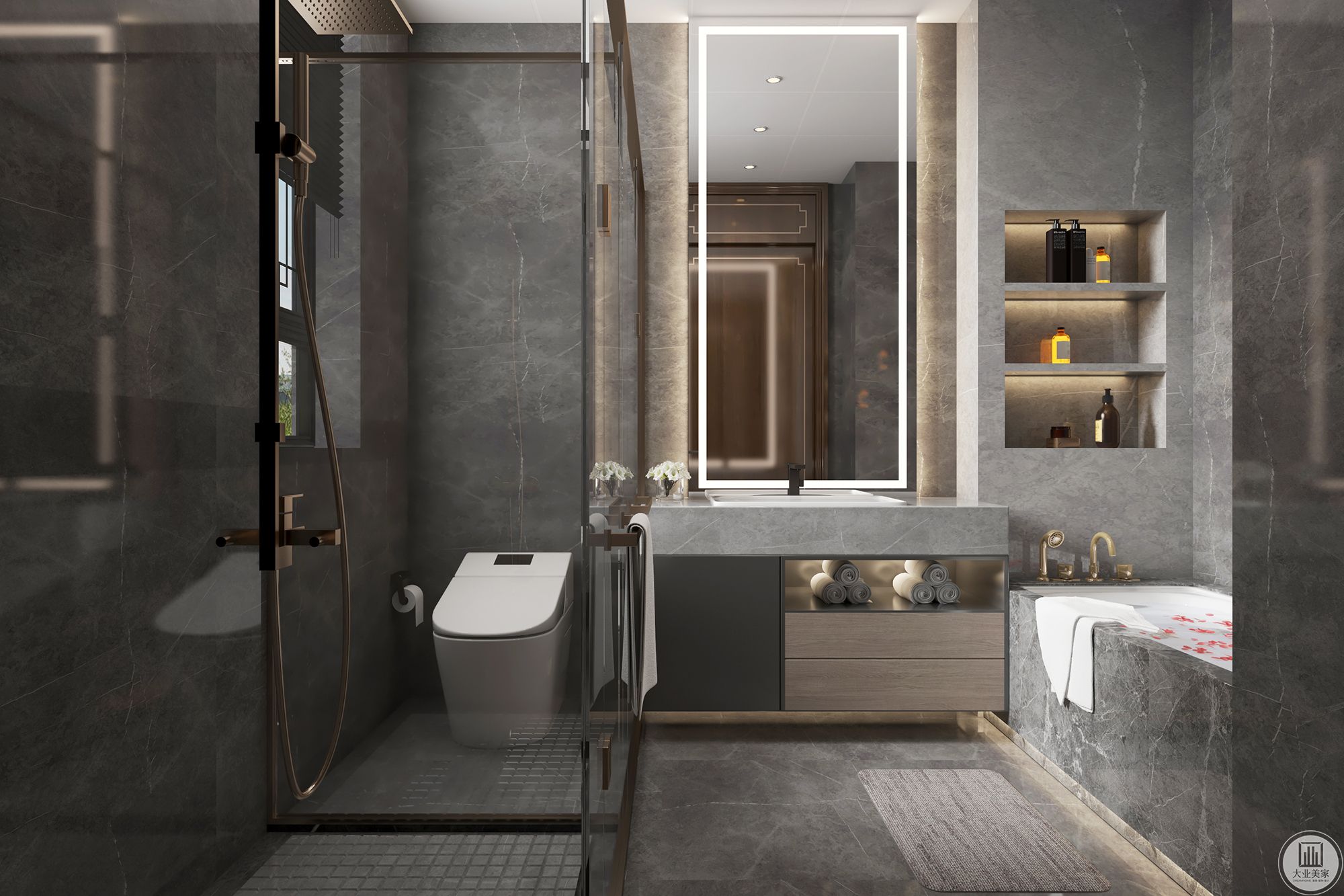 卫生间兼顾干湿分离的空间分区，既有淋浴也有浴缸，提升居住者的生活舒适度与品质感