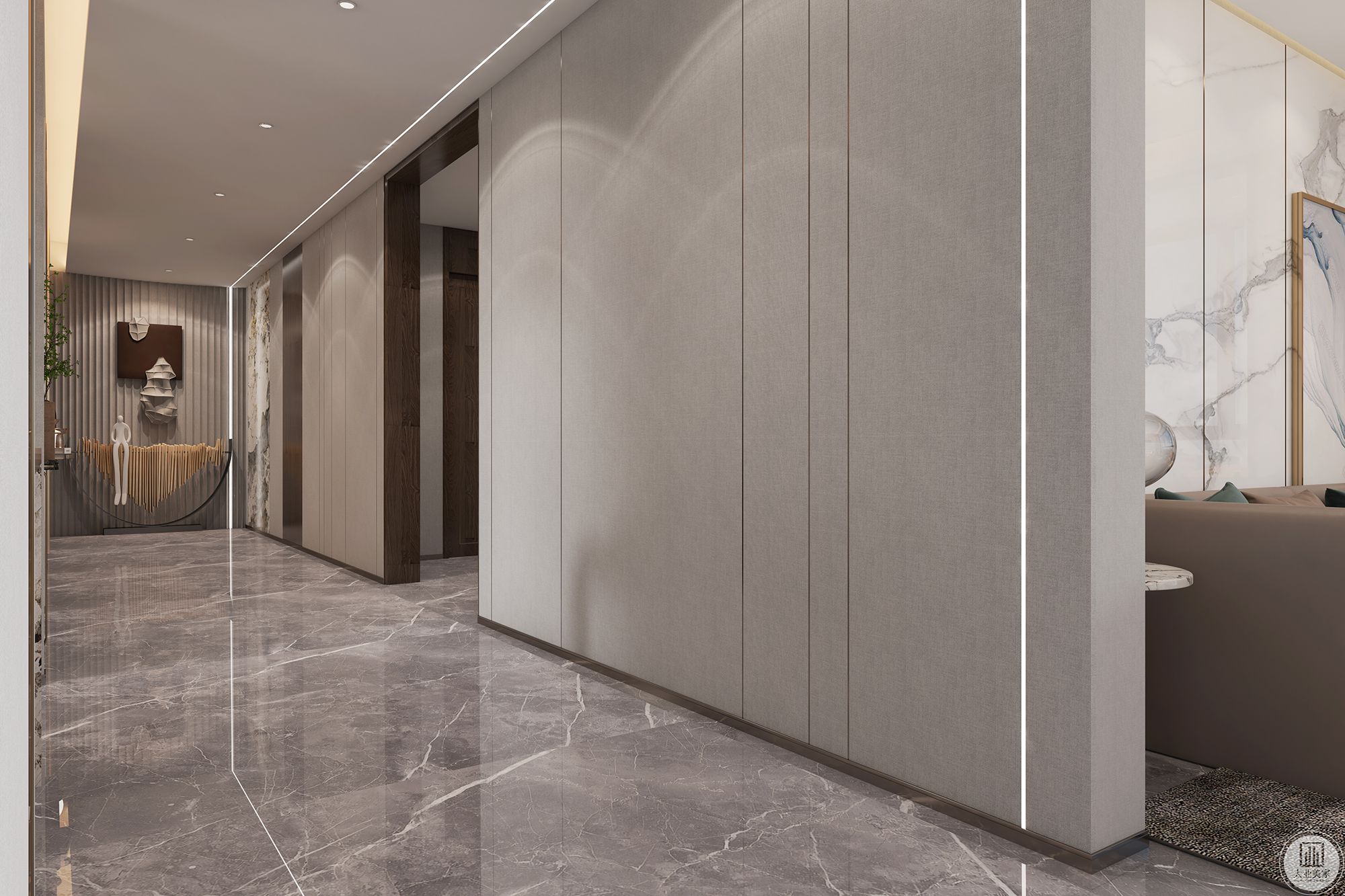 走廊尽头做弧形硬包，增加空间层次感，走廊整面硬包与灯条的结合内嵌金属条，提高空间立体感