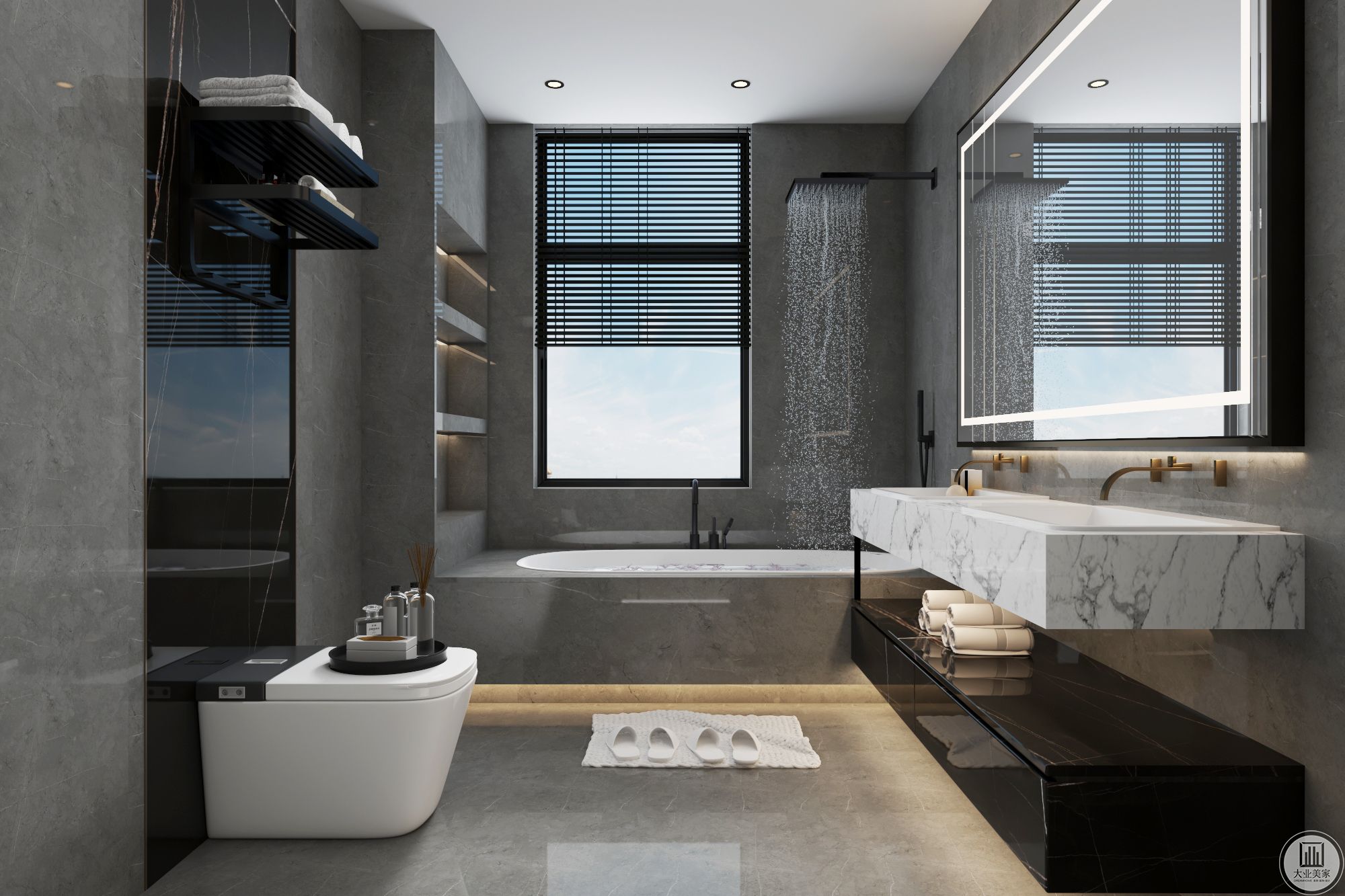 主卫设计浴缸与淋浴相结合的运用，墙面与地面均采用灰色瓷砖，空间更有质感与格调，马桶后边出造型增加层次感