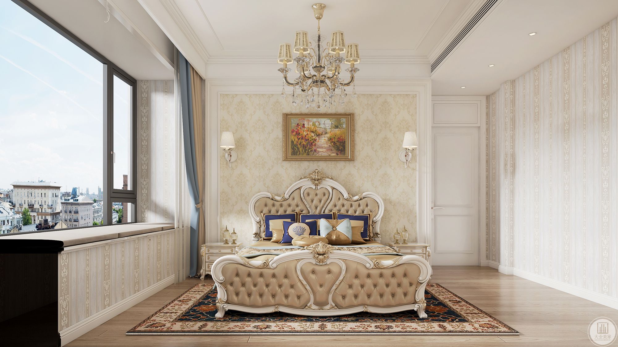 主卧通过运用两版壁布来增加整个空间的丰富度，床头加壁灯方便实用又美观