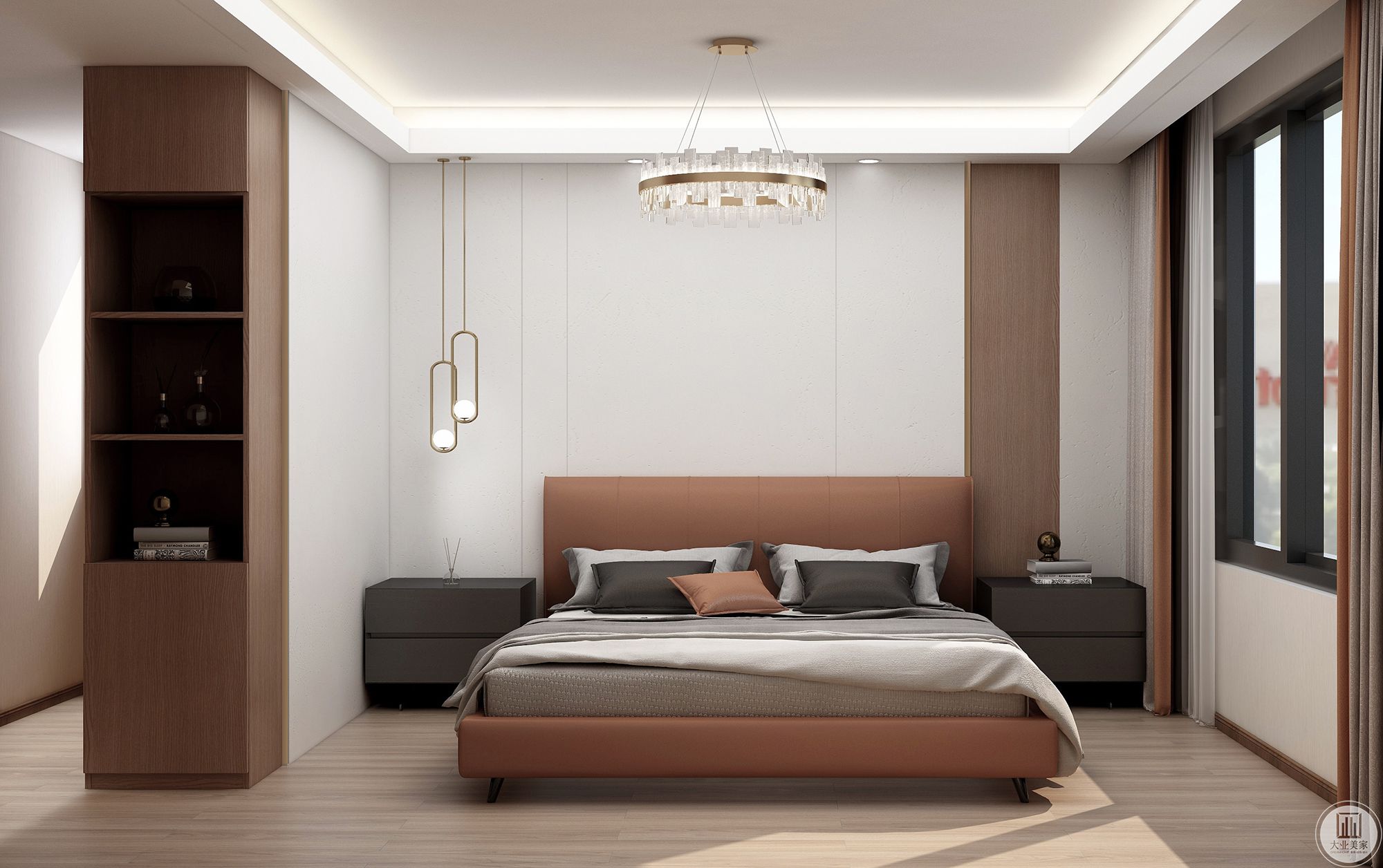 依照自带的柜子来做床头造型，让空间形成L型的整体，主卧室