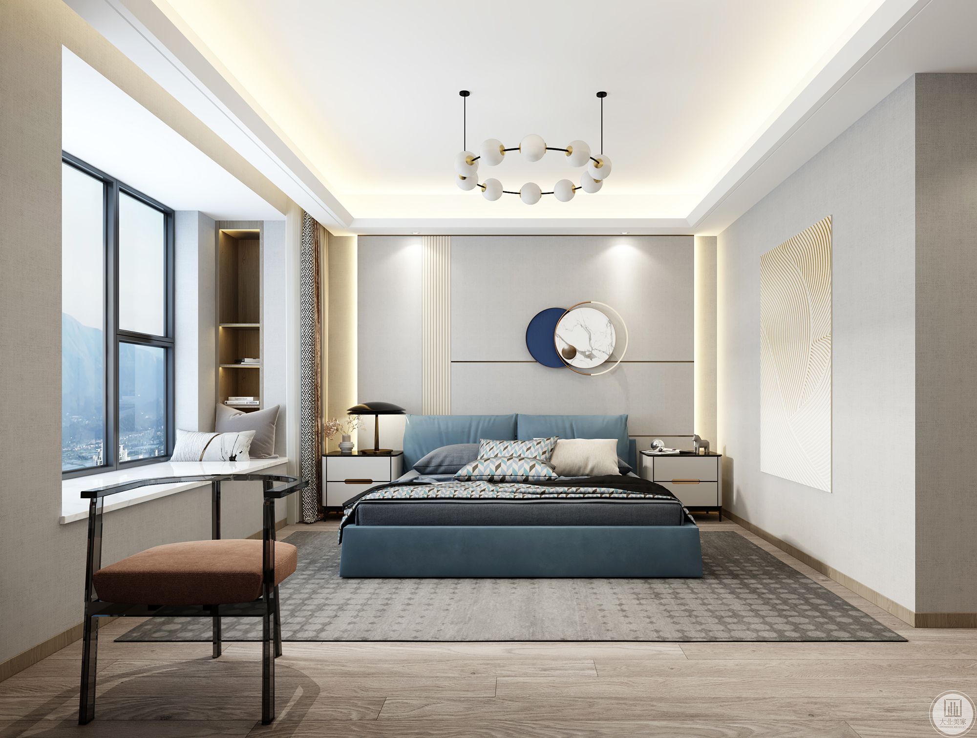 主卧室采用蓝色系，床的选择用蓝色，提升整个空间的视觉分辨度