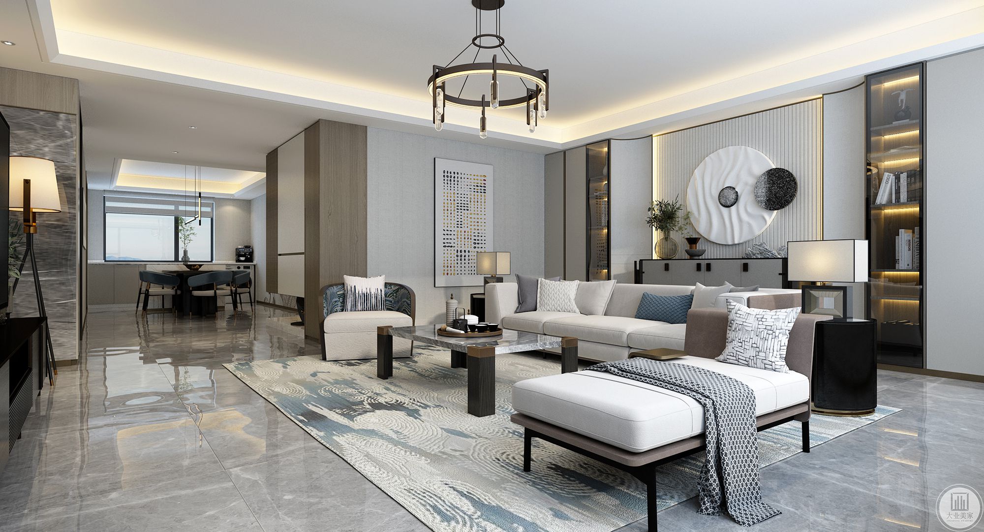 客厅整体软装是现代风格，配饰上用了新中式的元素，通过家具质感表达现代风格