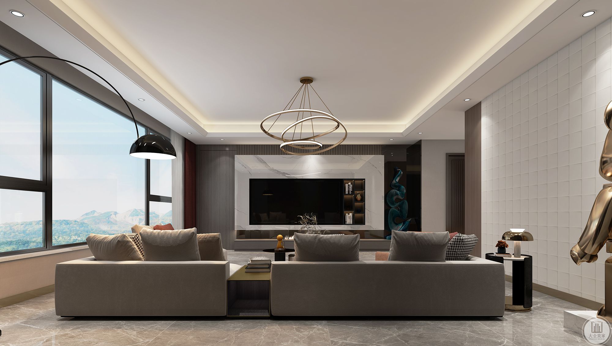 客厅现代简约风格，色调较暗，整体通过家具突出质感