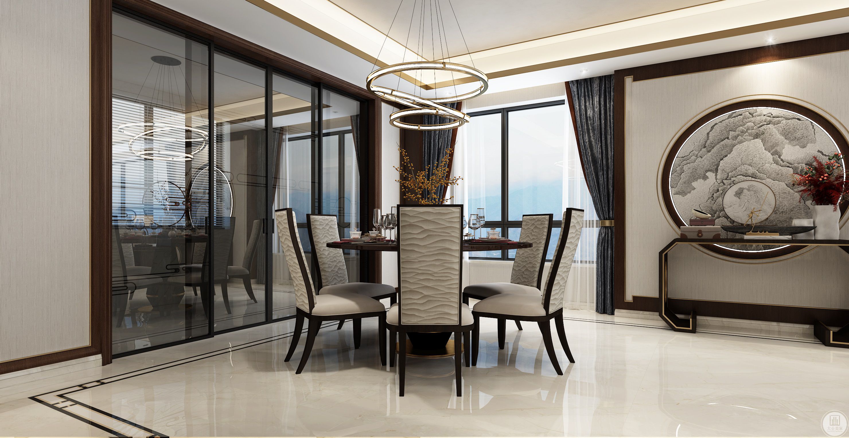 环形吊灯与圆形桌椅，东方的古典与现代的简约恰到好处，空间立体感多一份轻盈与活泼。