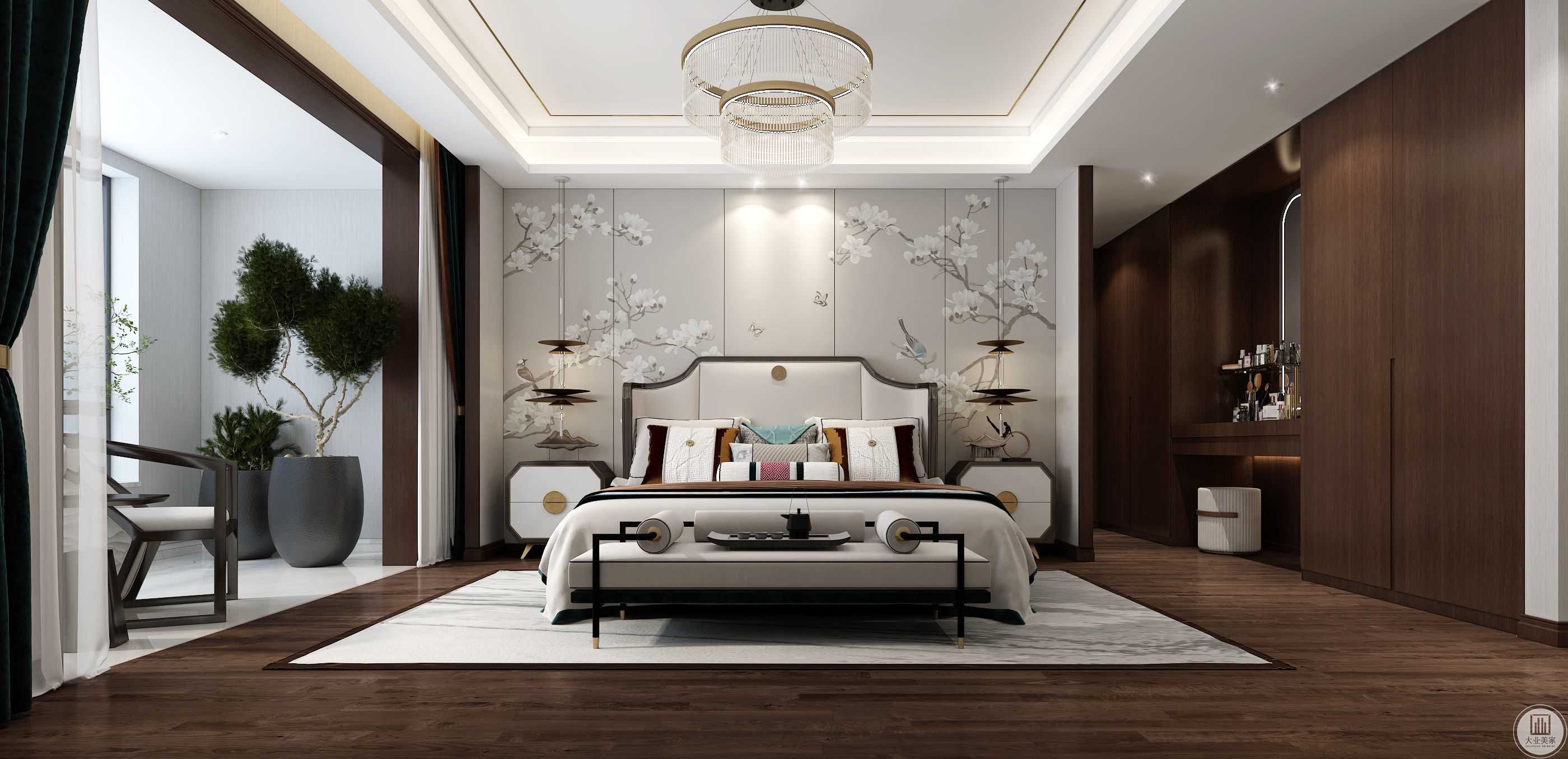 主卧遵从中式对称风格，绵长的床头吊灯，为卧室增添一份静谧与舒适。