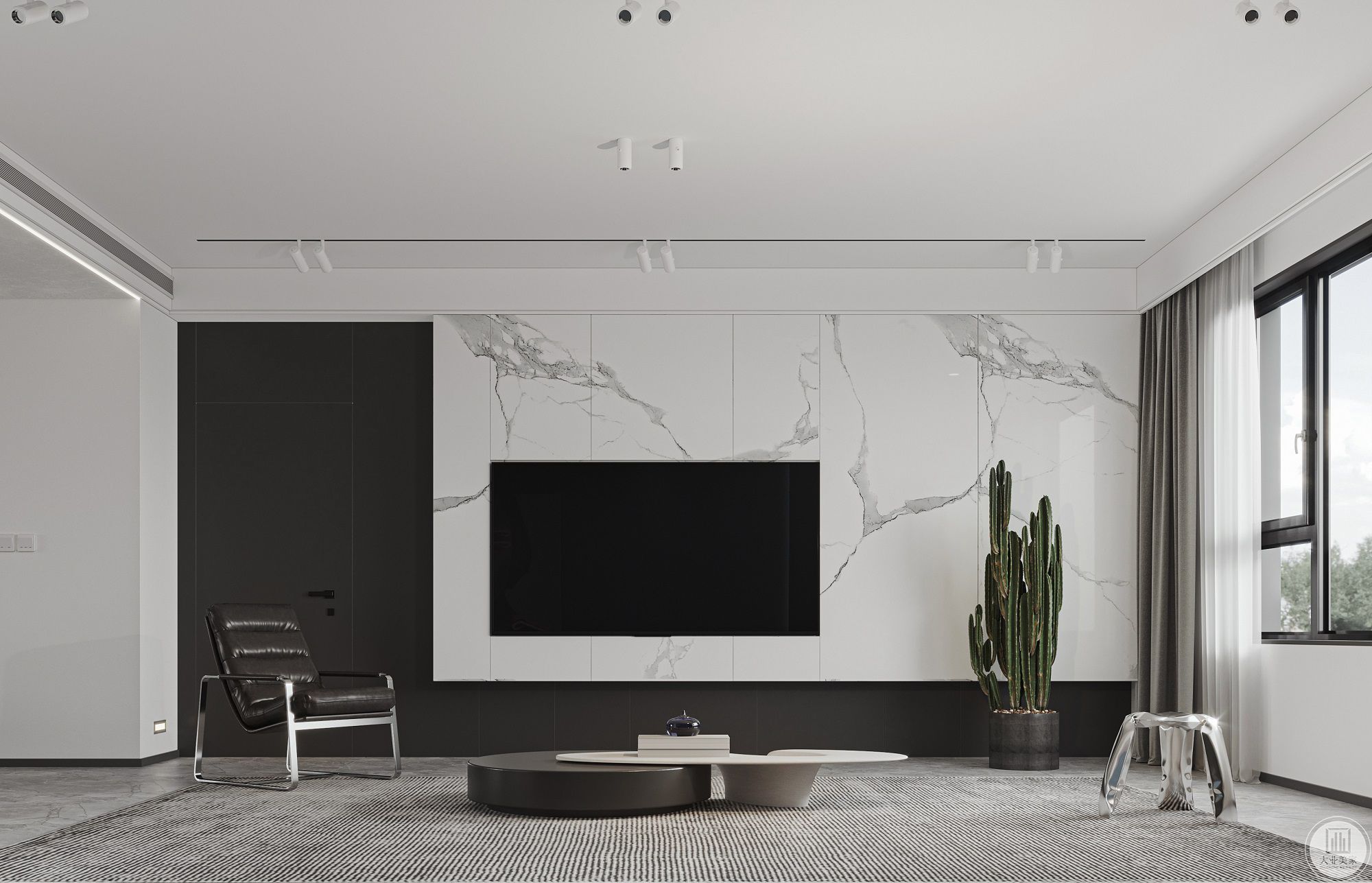 电视背景墙采用了岩板加黑色漆面木板的结合，岩板使墙体更加高级，而黑色板面与沙发背景墙做一个呼应
