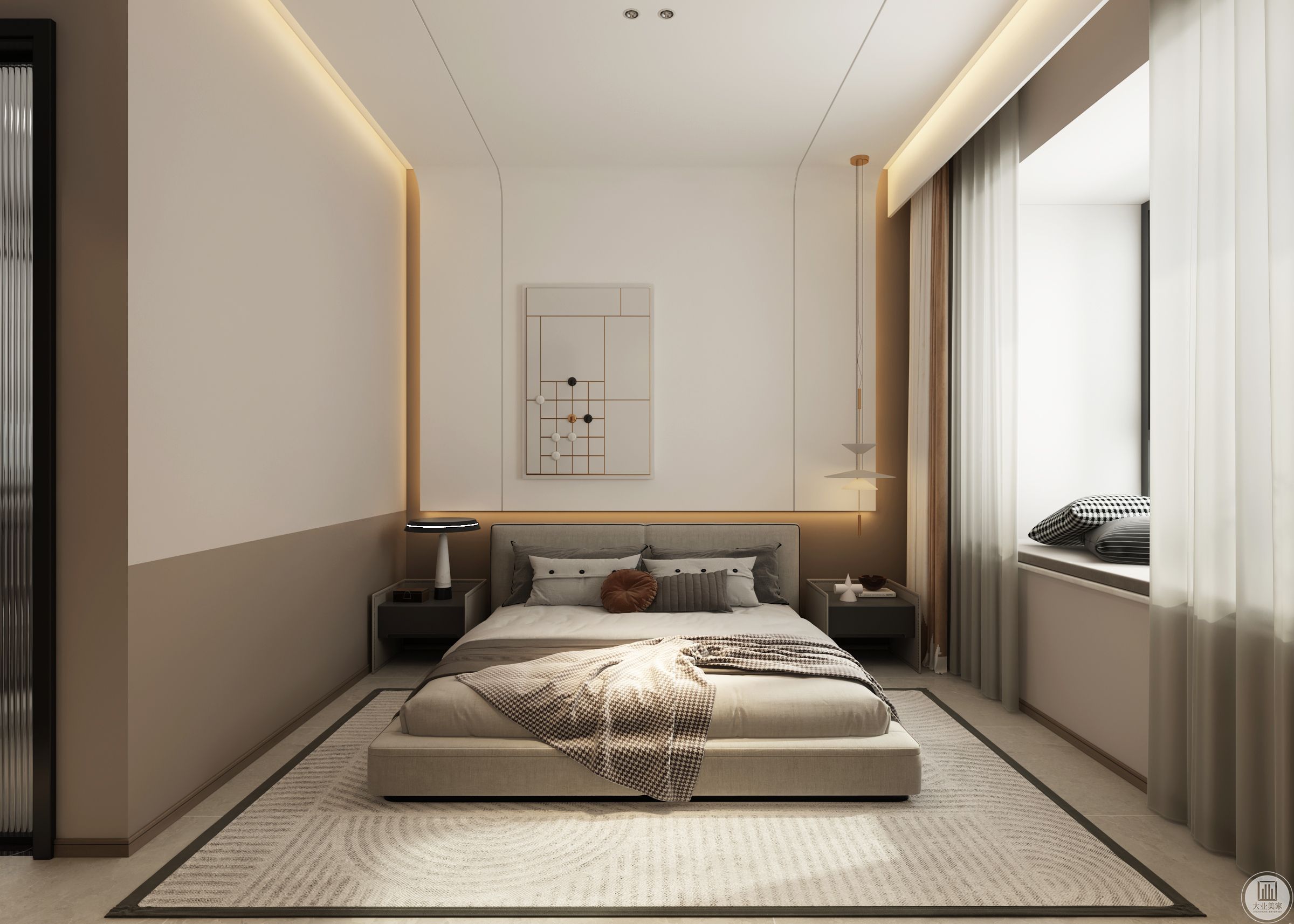 主卧室的设计同样走简洁路线，咖色的床头背景为睡眠空间带来了应有的温润