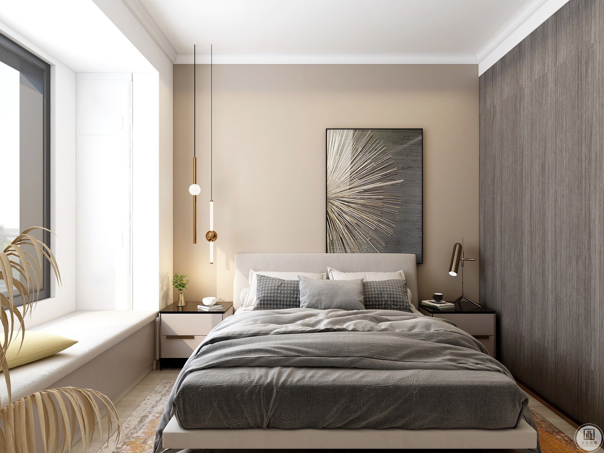 卧室墙面运用淡灰色的乳胶漆，极简的白色抽象艺术画静静散发着魅力，低饱和度的色彩与柔软的床品共同为业主提供了安稳惬意的睡眠环境。